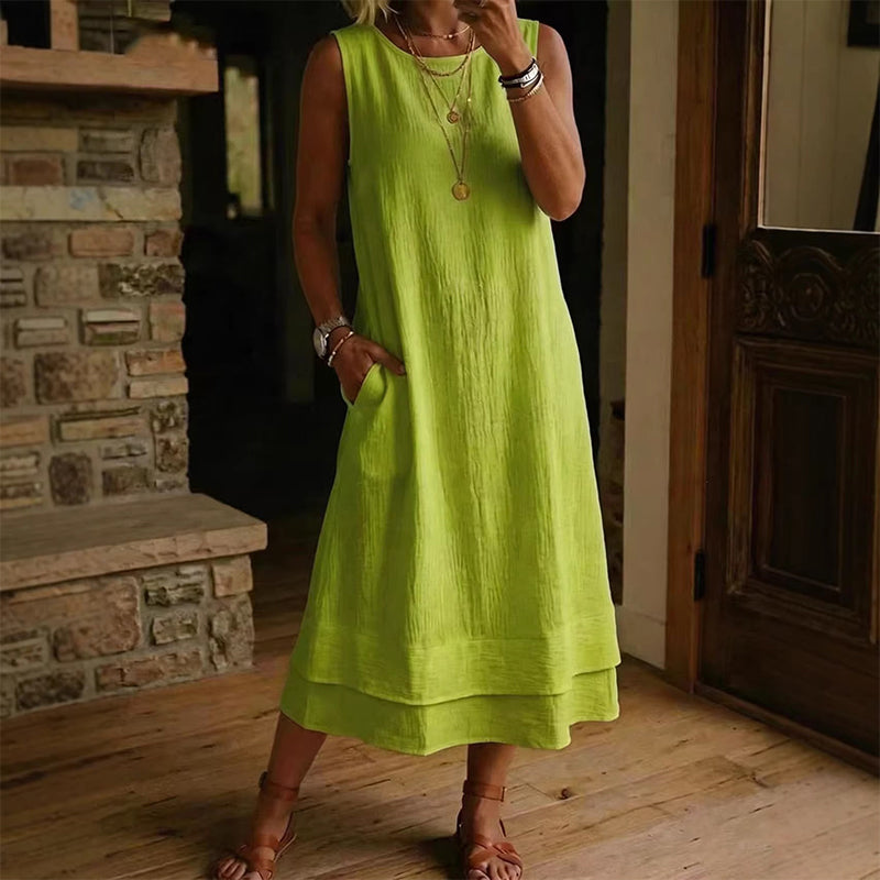 Solenne – Double-Layer Sleeveless Midi Dress with Pockets + 50% OFF