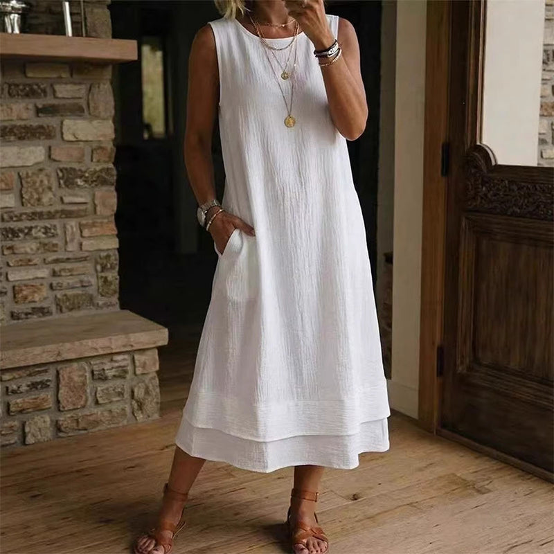 Solenne – Double-Layer Sleeveless Midi Dress with Pockets + 50% OFF