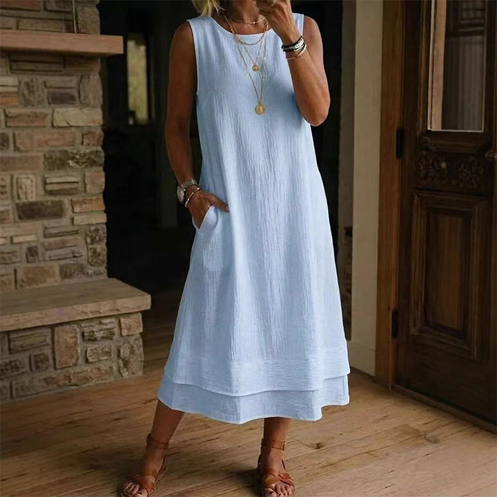 Solenne – Double-Layer Sleeveless Midi Dress with Pockets + 50% OFF