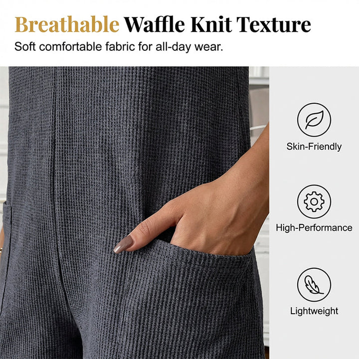 Willowday – Sleeveless Button-Front Waffle Knit Romper with Pockets + 50% OFF