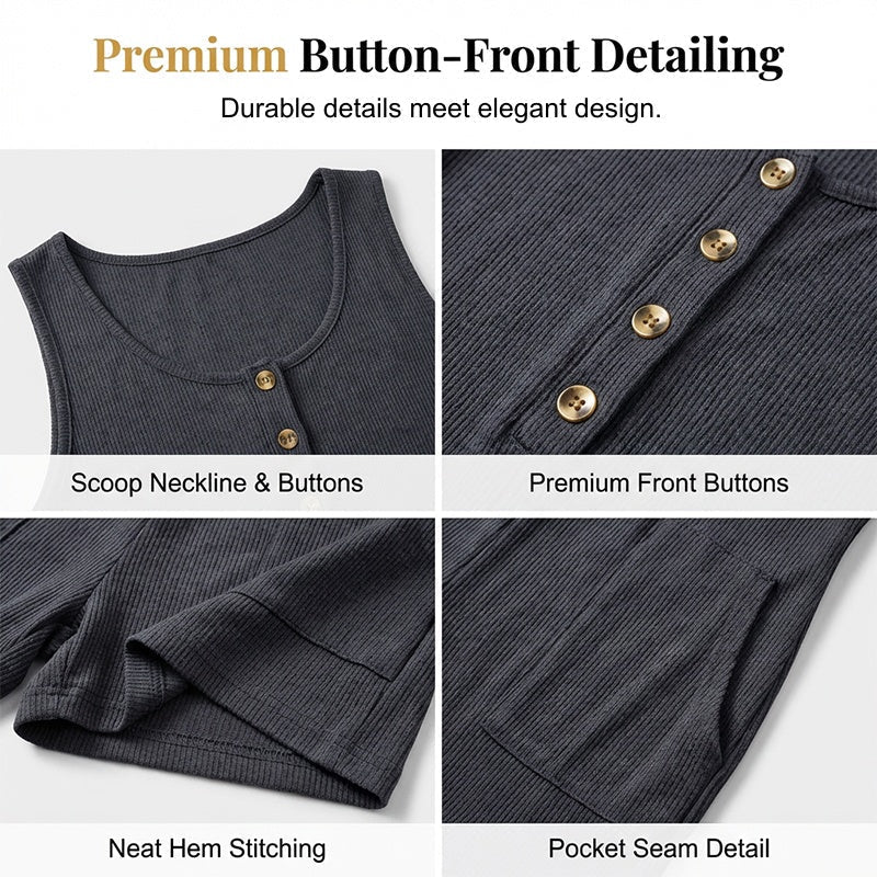 Willowday – Sleeveless Button-Front Waffle Knit Romper with Pockets + 50% OFF