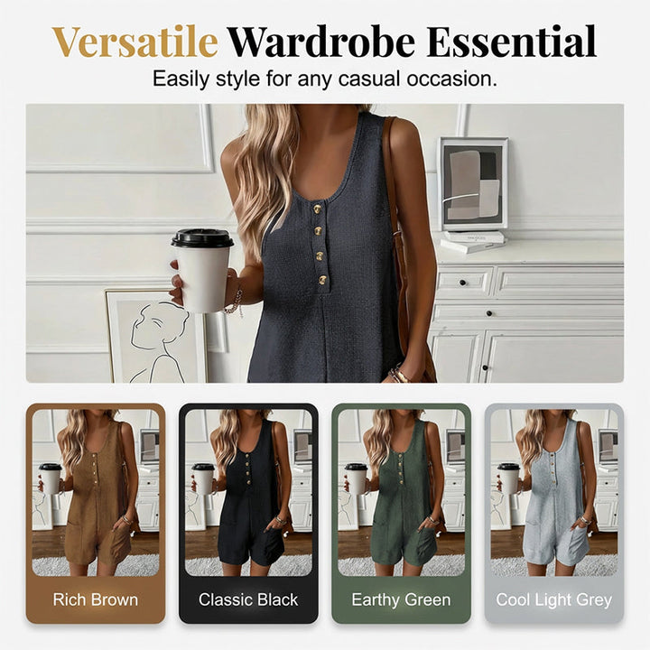 Willowday – Sleeveless Button-Front Waffle Knit Romper with Pockets + 50% OFF