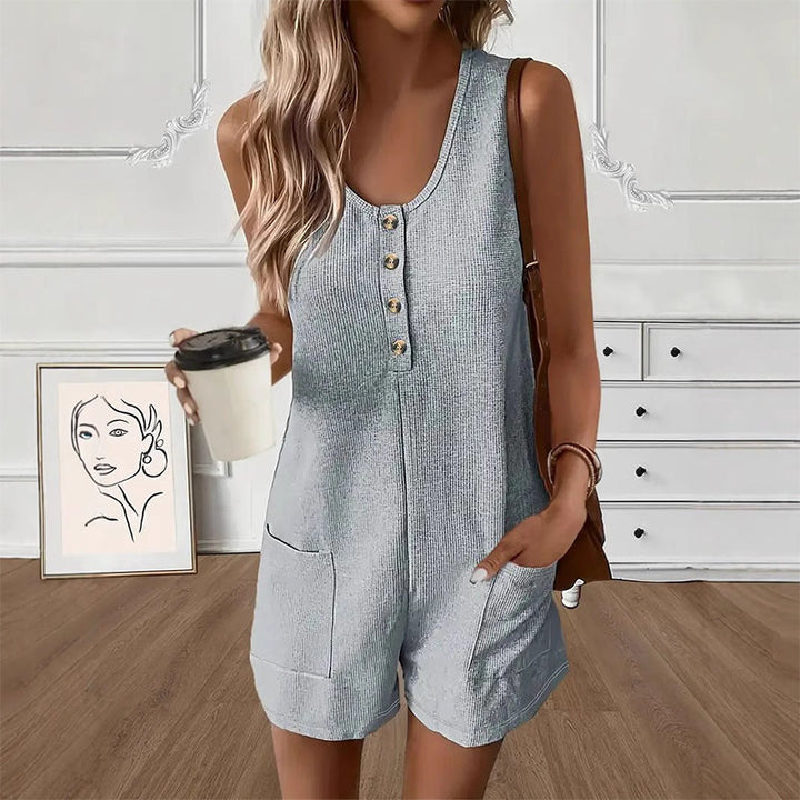 Willowday – Sleeveless Button-Front Waffle Knit Romper with Pockets + 50% OFF