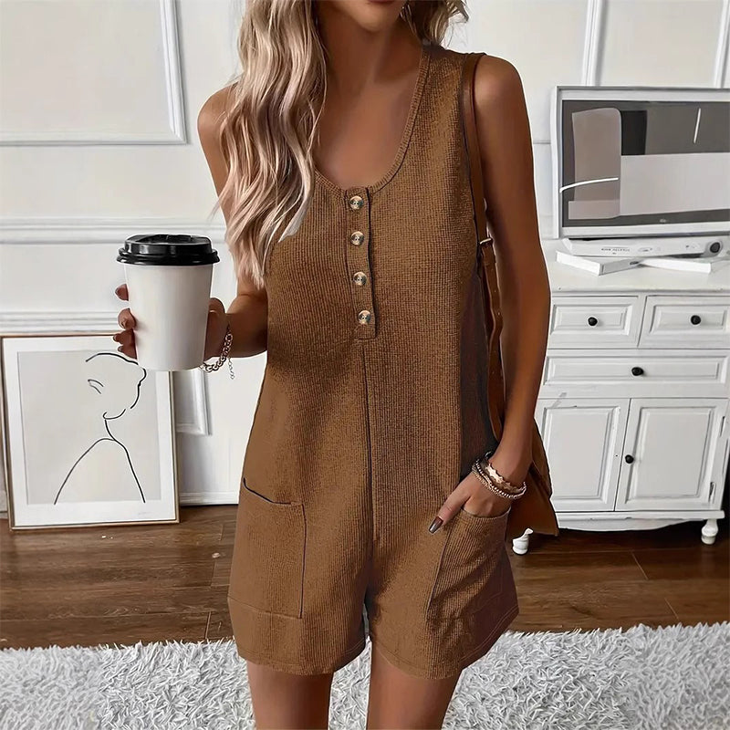 Willowday – Sleeveless Button-Front Waffle Knit Romper with Pockets + 50% OFF