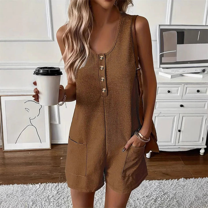 Willowday – Sleeveless Button-Front Waffle Knit Romper with Pockets + 50% OFF