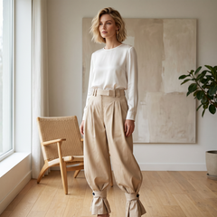 Pleatelle – High-Waist Pleated Lantern Pants with Ruffled Tie Cuffs + 50% OFF