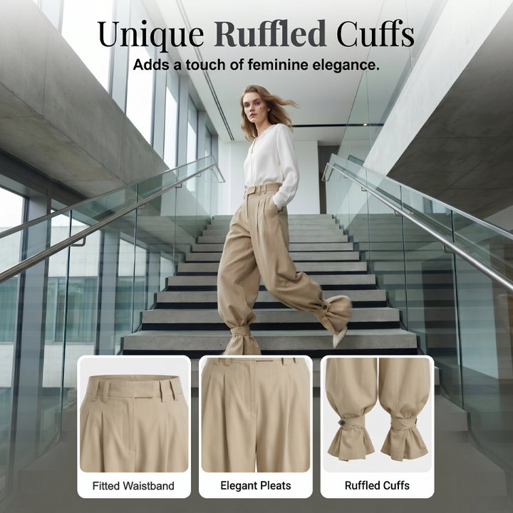 Pleatelle – High-Waist Pleated Lantern Pants with Ruffled Tie Cuffs + 50% OFF