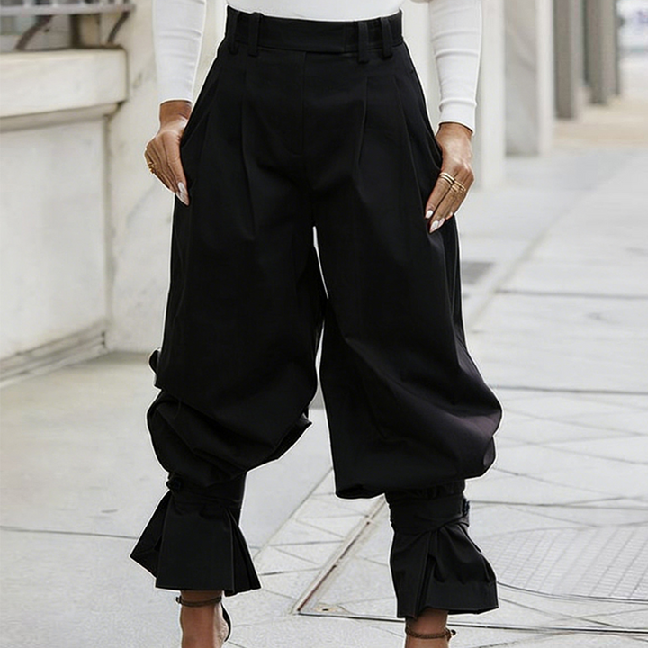 Pleatelle – High-Waist Pleated Lantern Pants with Ruffled Tie Cuffs + 50% OFF