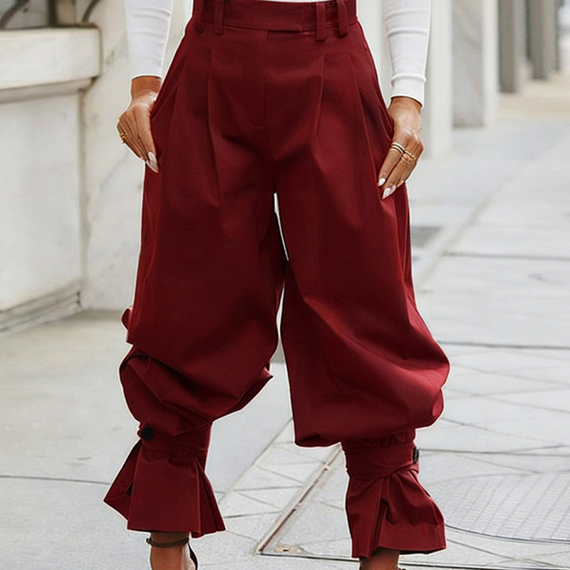 Pleatelle – High-Waist Pleated Lantern Pants with Ruffled Tie Cuffs + 50% OFF