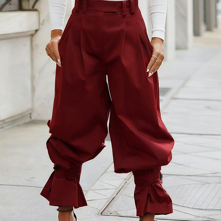 Pleatelle – High-Waist Pleated Lantern Pants with Ruffled Tie Cuffs + 50% OFF