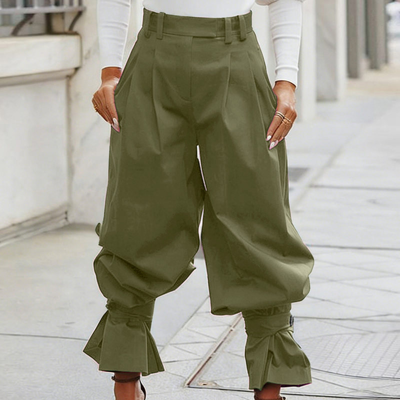 Pleatelle – High-Waist Pleated Lantern Pants with Ruffled Tie Cuffs + 50% OFF
