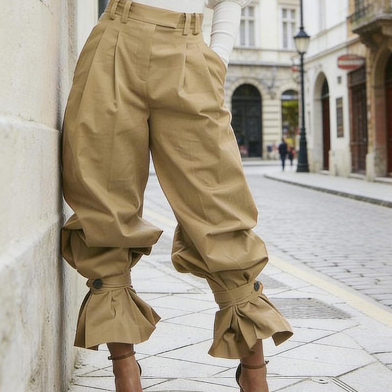Pleatelle – High-Waist Pleated Lantern Pants with Ruffled Tie Cuffs + 50% OFF