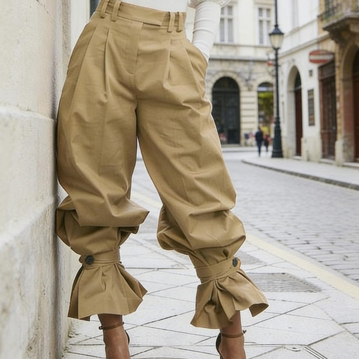 Pleatelle – High-Waist Pleated Lantern Pants with Ruffled Tie Cuffs + 50% OFF