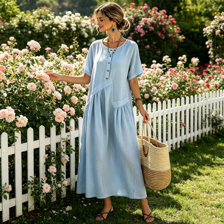 Solterra – Breathable Cotton-Linen Maxi Dress with Button Front &amp; Pockets + 50% OFF