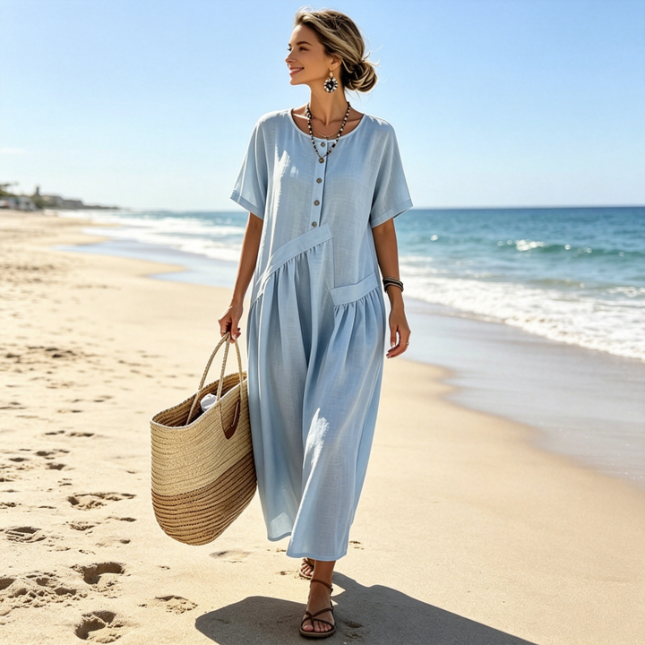 Solterra – Breathable Cotton-Linen Maxi Dress with Button Front &amp; Pockets + 50% OFF