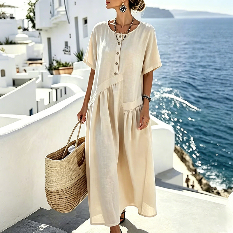 Solterra – Breathable Cotton-Linen Maxi Dress with Button Front &amp; Pockets + 50% OFF