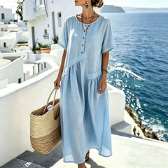 Solterra – Breathable Cotton-Linen Maxi Dress with Button Front & Pockets + 50% OFF