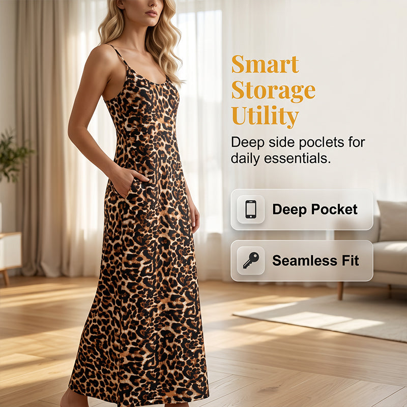 Wildesse – Leopard Print Maxi Dress with Pockets &amp; Adjustable Straps + 50% OFF