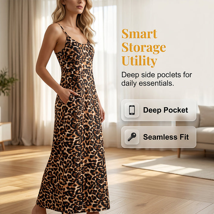 Wildesse – Leopard Print Maxi Dress with Pockets &amp; Adjustable Straps + 50% OFF