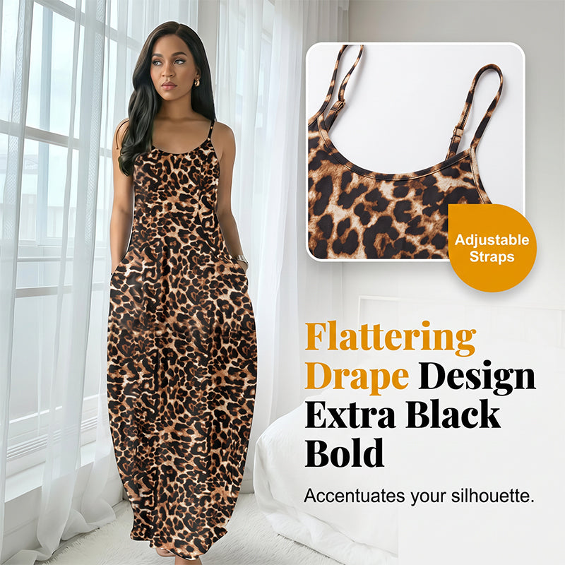 Wildesse – Leopard Print Maxi Dress with Pockets &amp; Adjustable Straps + 50% OFF