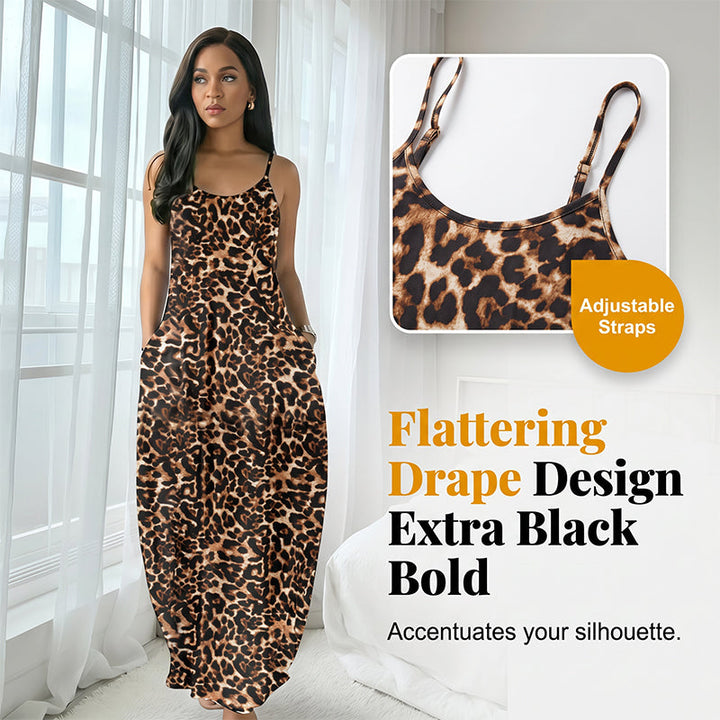 Wildesse – Leopard Print Maxi Dress with Pockets &amp; Adjustable Straps + 50% OFF