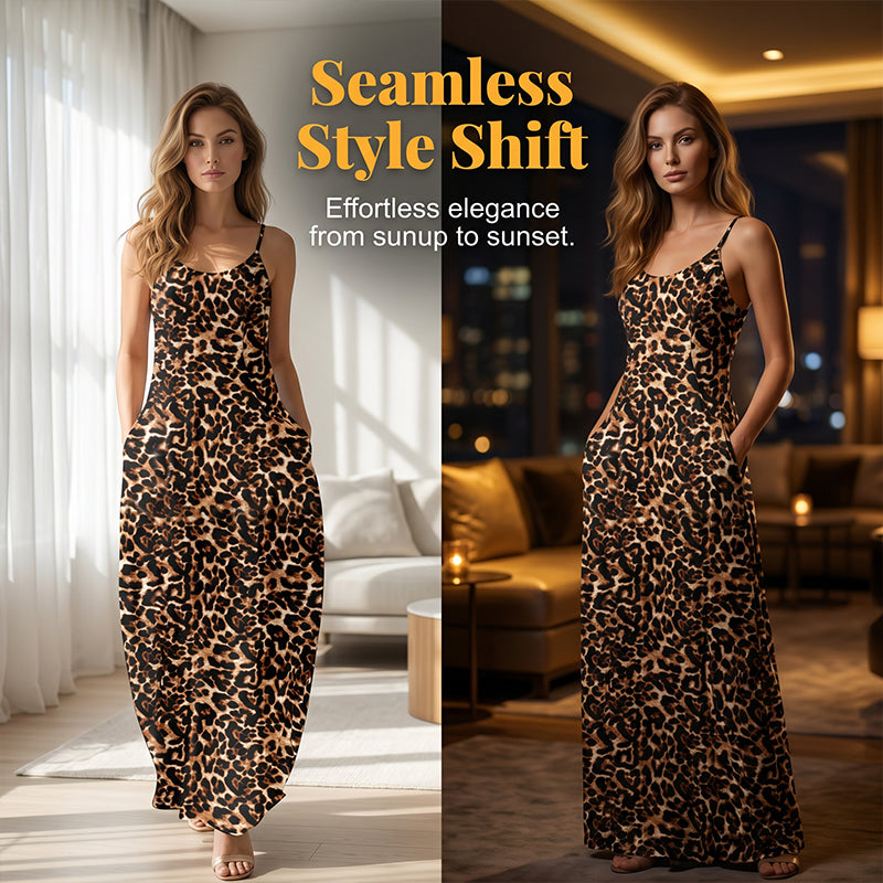 Wildesse – Leopard Print Maxi Dress with Pockets &amp; Adjustable Straps + 50% OFF
