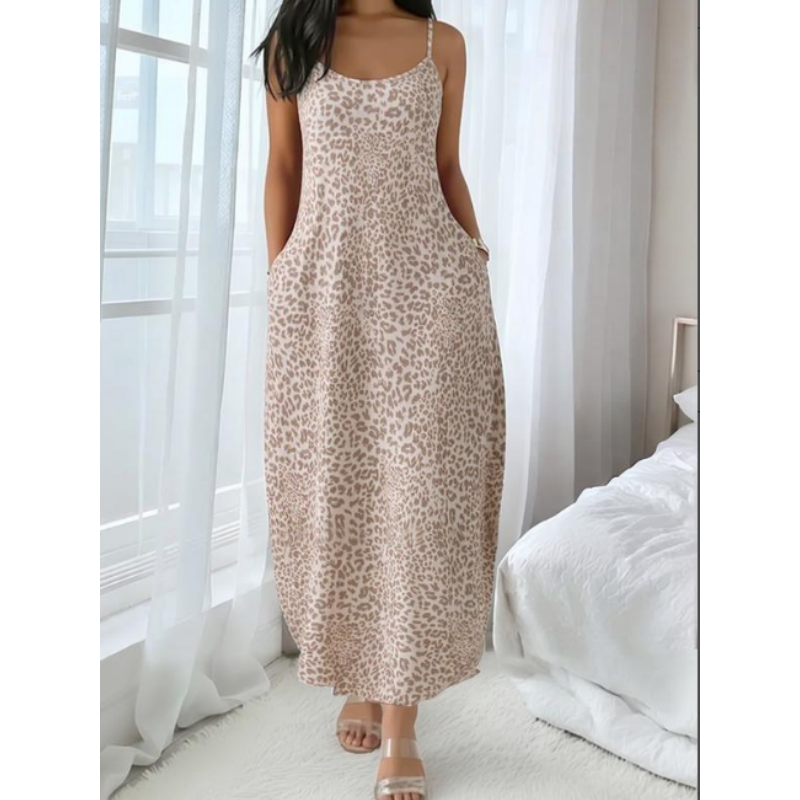 Wildesse – Leopard Print Maxi Dress with Pockets &amp; Adjustable Straps + 50% OFF
