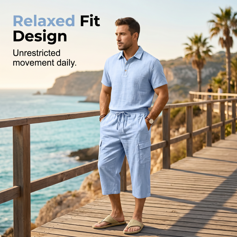 Duneport – Breathable Linen Blend Two-Piece Shirt &amp; Cargo Shorts Set + 50% OFF