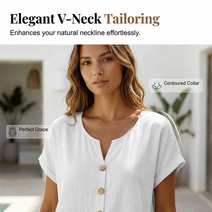 Linnea – Breathable V-Neck Button Top with Wooden Buttons + 50% OFF