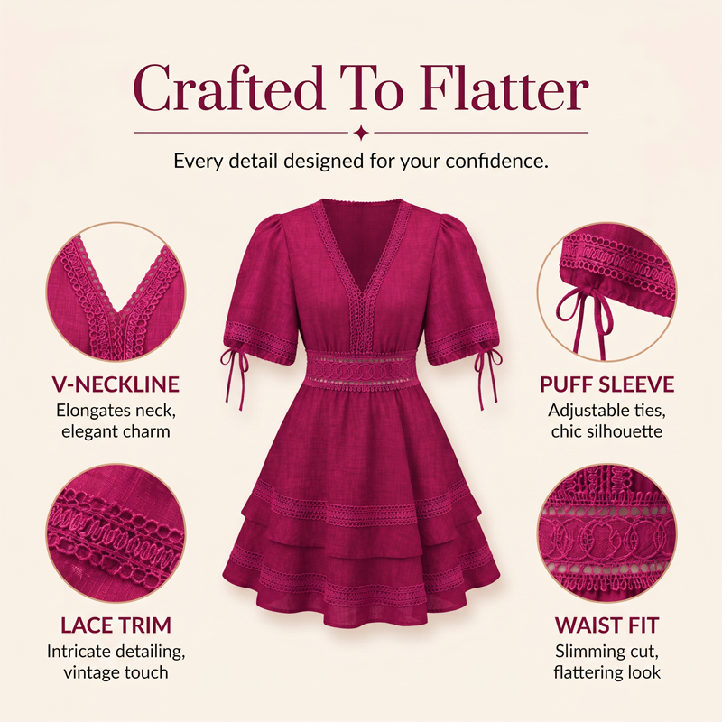 Rosella – V-Neck Lace Trim Tiered Ruffle Mini Dress + 50% OFF