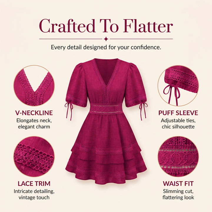 Rosella – V-Neck Lace Trim Tiered Ruffle Mini Dress + 50% OFF