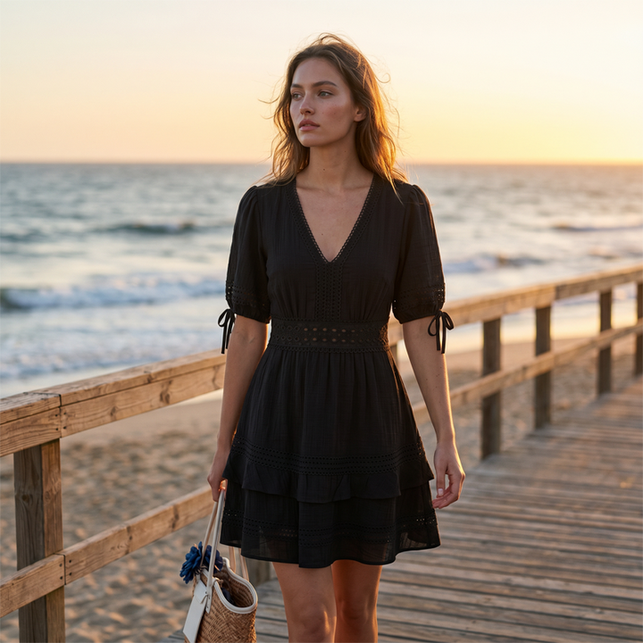 Rosella – V-Neck Lace Trim Tiered Ruffle Mini Dress + 50% OFF