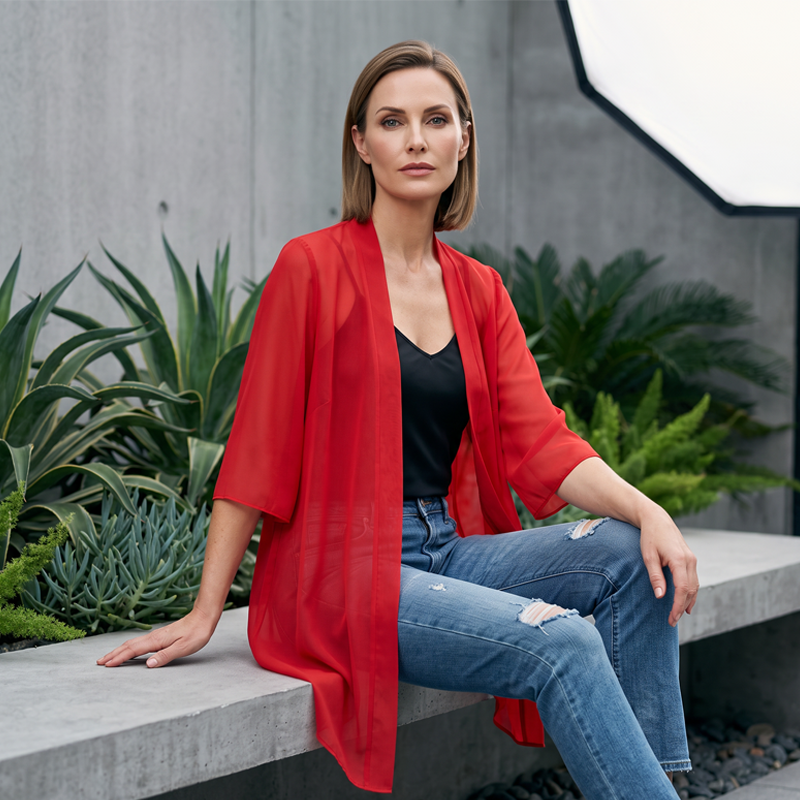 Gossamer – Sheer Chiffon Open-Front Cardigan with 3/4 Sleeves + 50% OFF
