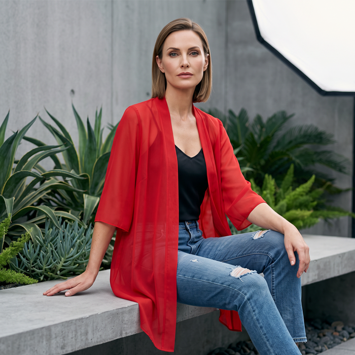 Gossamer – Sheer Chiffon Open-Front Cardigan with 3/4 Sleeves + 50% OFF