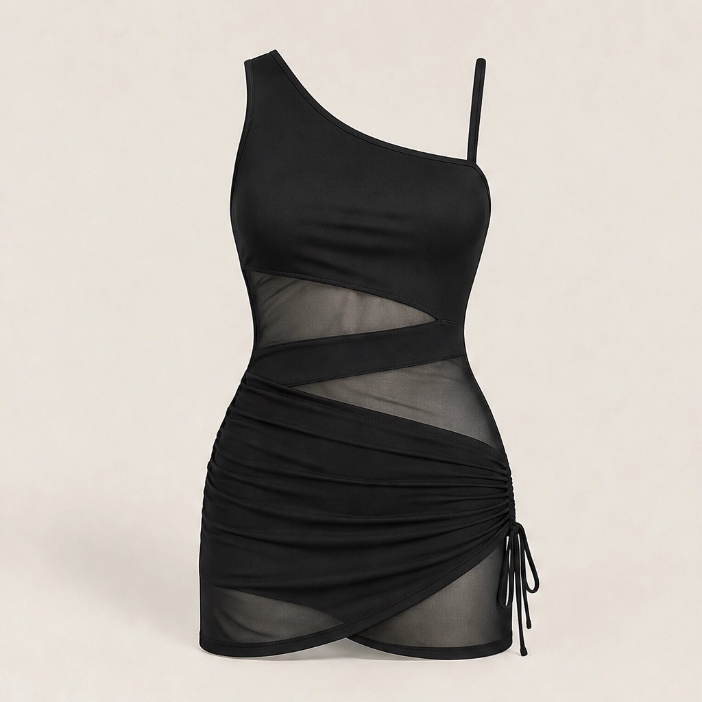 Solmara – One-Shoulder Swim Dress with Mesh Detail &amp; Tummy Control + 50% OFF