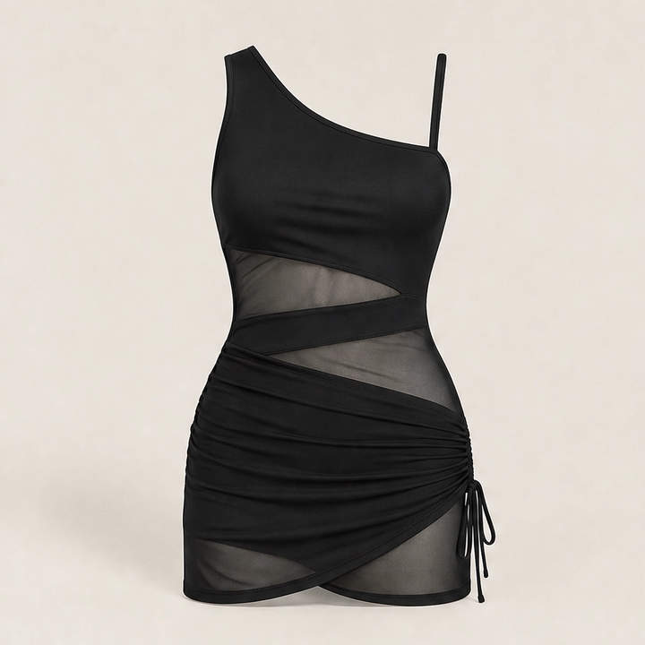 Solmara – One-Shoulder Swim Dress with Mesh Detail &amp; Tummy Control + 50% OFF