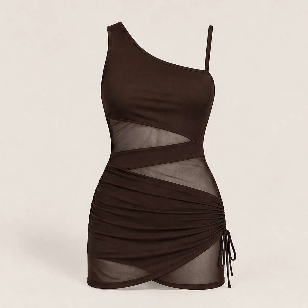 Solmara – One-Shoulder Swim Dress with Mesh Detail &amp; Tummy Control + 50% OFF