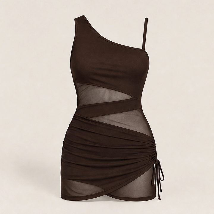 Solmara – One-Shoulder Swim Dress with Mesh Detail &amp; Tummy Control + 50% OFF