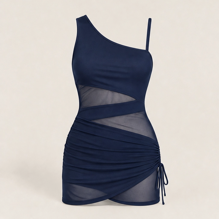 Solmara – One-Shoulder Swim Dress with Mesh Detail &amp; Tummy Control + 50% OFF