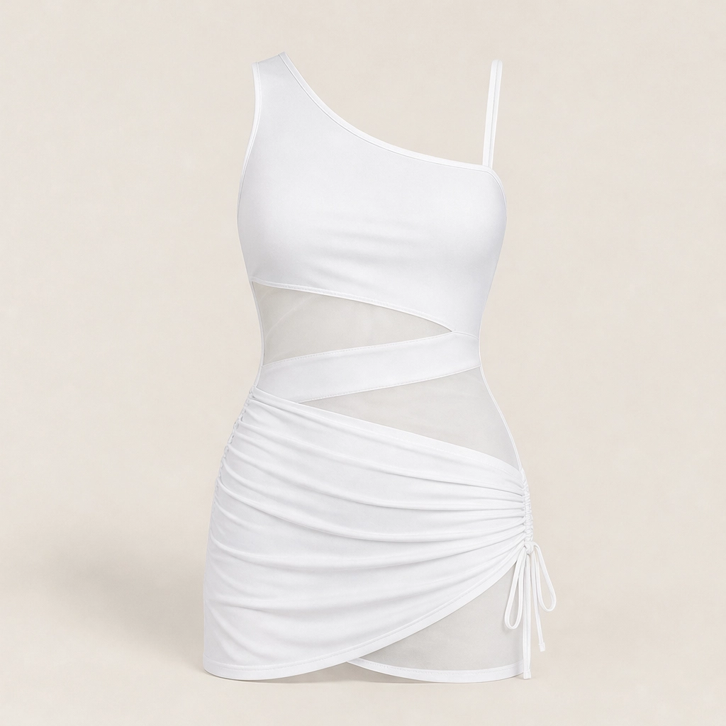 Solmara – One-Shoulder Swim Dress with Mesh Detail &amp; Tummy Control + 50% OFF