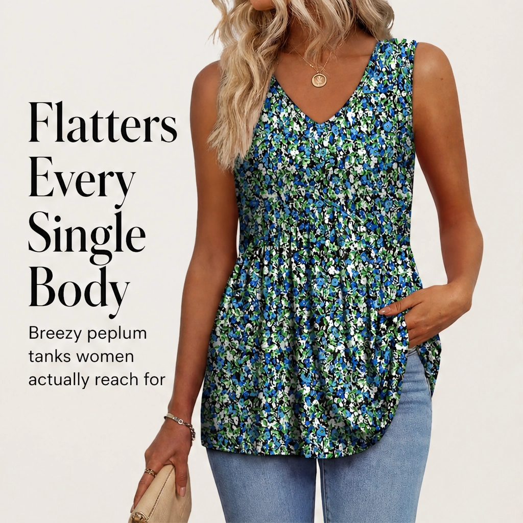 Willowmere – Flowy Pleated Peplum Sleeveless V-Neck Tank Top + 50% OFF